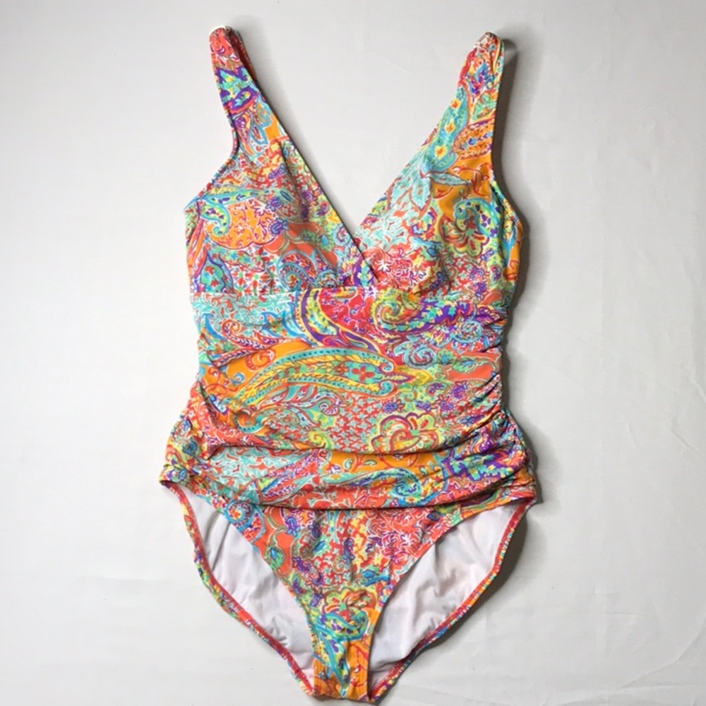 Ralph Lauren Orange and Red Paisley One Piece Swimsuit with Ruching Size 12